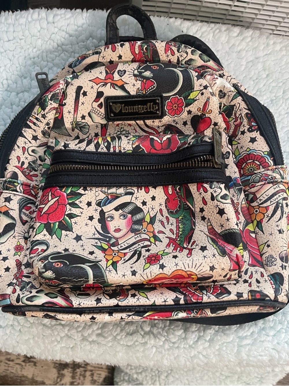 Loungefly Cream Tattoo-Print Mini Backpack with Red, Black & Green Accents